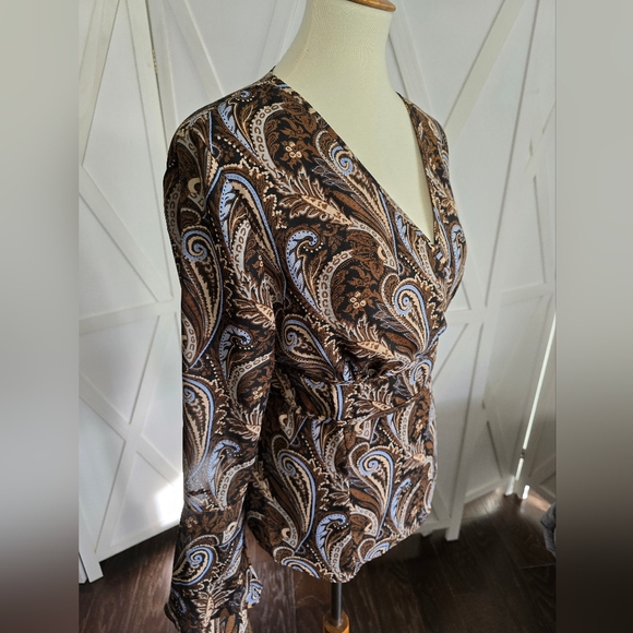 Milano - Brown Paisley Wrap Blouse with Blue Accents & Long Bell Sleeves - Picture 5 of 10